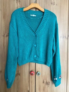 O’Neill Cardigan Teal Sweater Embroidered Flowers L EUC